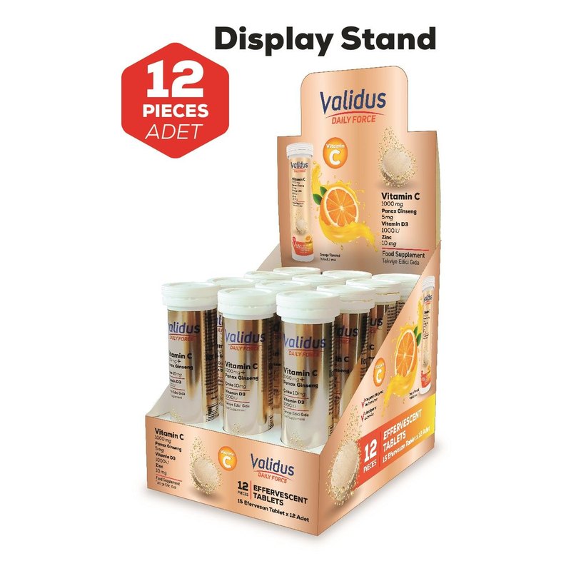Validus Daily Force Vitamin C + Panax Ginseng + Zinc + Vitamin D3 15 Effervescent Tablets 12 Stand