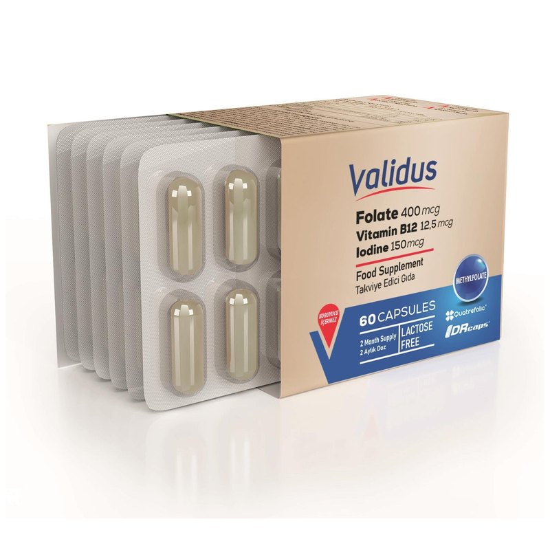 Validus Folat Qatrefolic 400 mcg + Vitamin B12 + Vitamin B6 + Iodine 60 Capsules (Drcaps)
