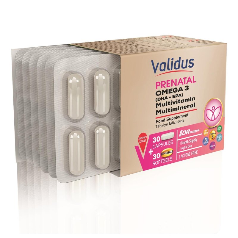 Validus Prenatal 30 Capsules (Drcaps) + Omega 3 DHA 350 EPA 70 mg 30 Softgel Blister Set