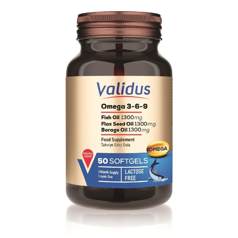 Validus Omega 3-6-9 Softgel Fish Oil 1300 mg + Flax Seed Oil 1300 mg + Borage Oil 1300 mg 50 Softgel
