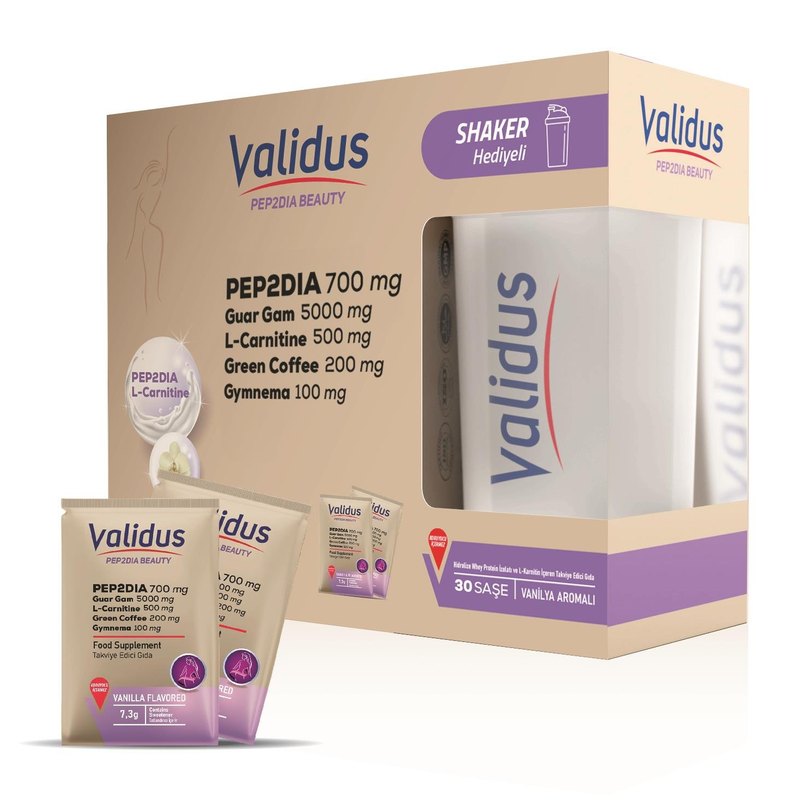 Validus Super Slim Pep2Dia 700 mg + Guar Gum 5000 mg + L-Carnitine 30 Sachets + Shaker (Gift Set)