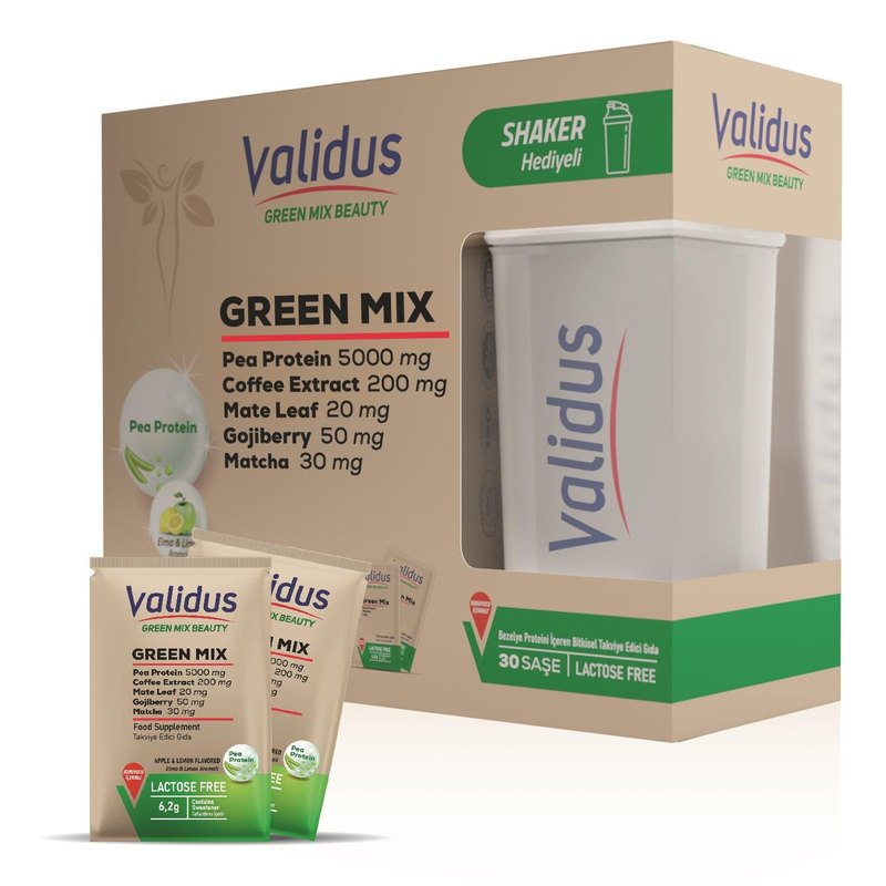 Validus Green Mix Pea Protein + Matcha + Mate + Chia + Green Coffee + Goji Berry 30 Sachet + Shaker (Gift Set)