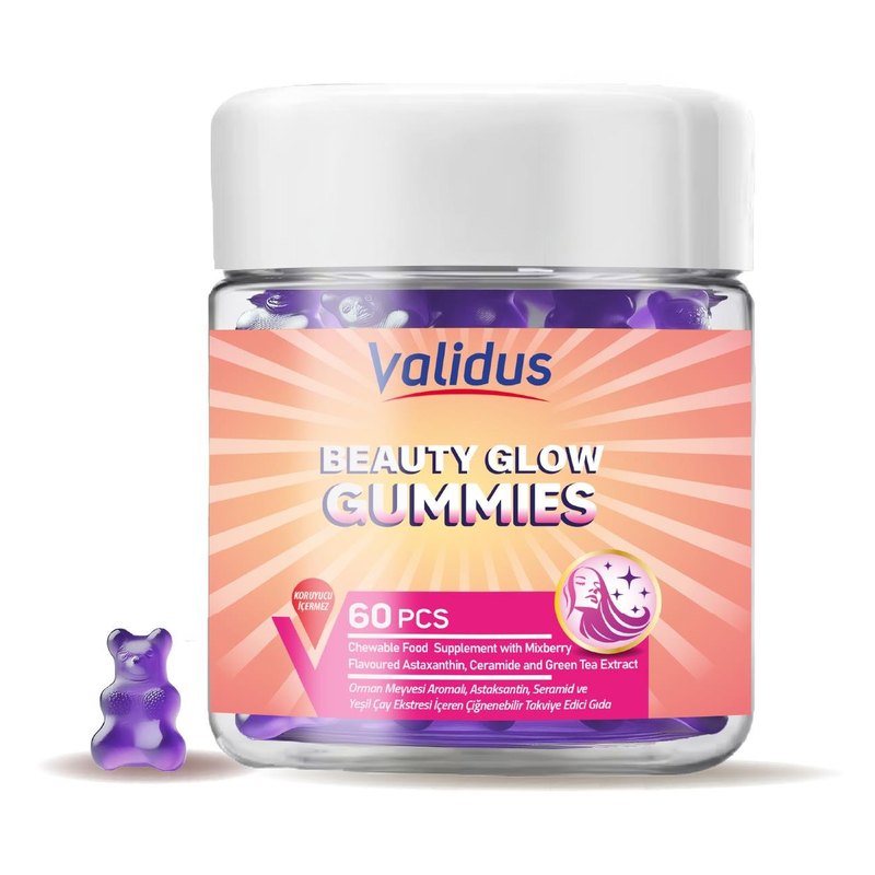 Validus Beauty Glow Astaxantin 40 mg + Seramid 30 mg+Vitamin E+ Yeşil Çay 60 Gummy (Pectin)