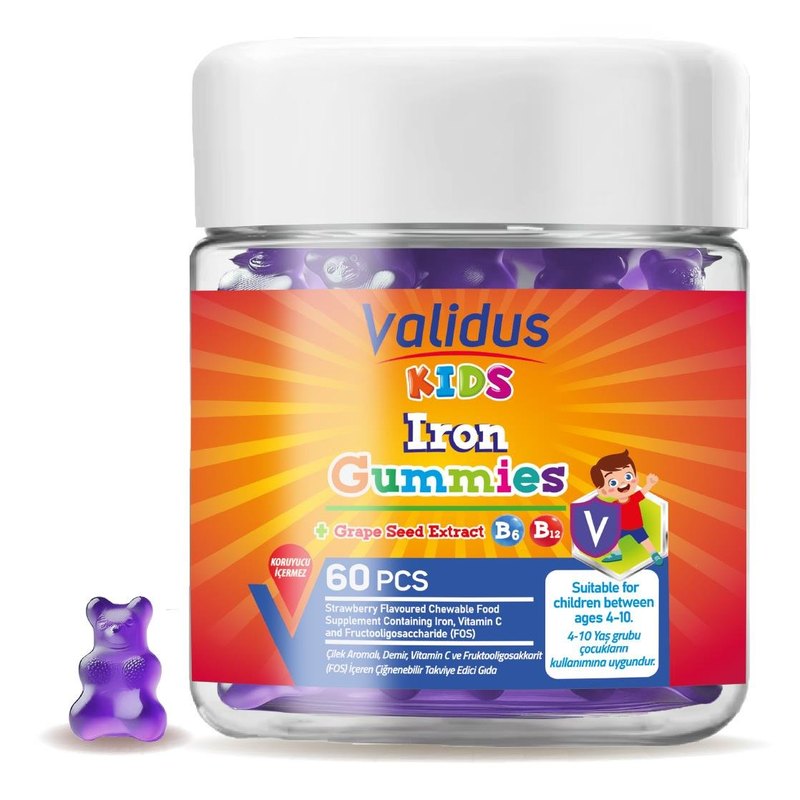 Validus Kids Iron+Vitamin C+ Vitamin B6-B12 + FOS 60 Gummy (Pectin)